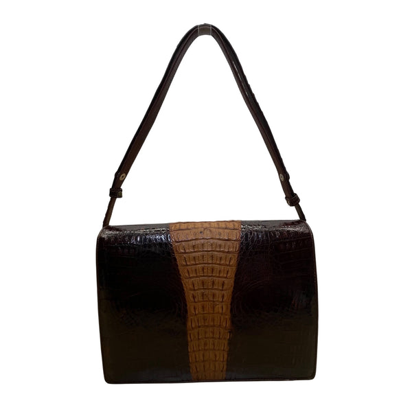 Women’s Brown Two-Tone Genuine Crocodile Leather Adjustable Strap Shoulder Bag