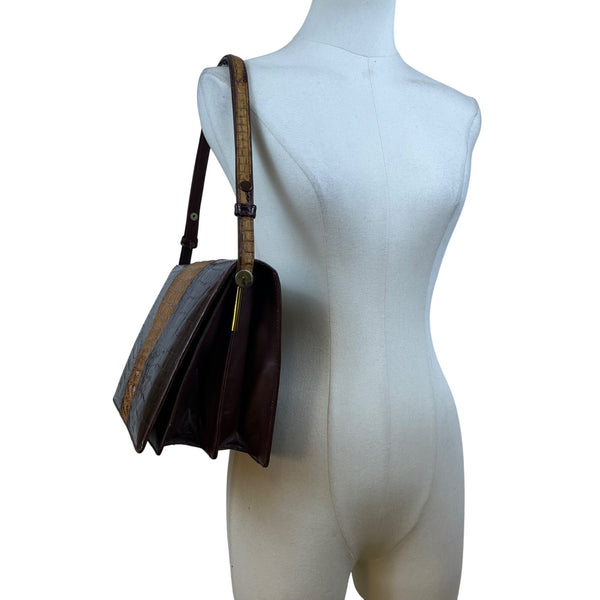 Women’s Brown Two-Tone Genuine Crocodile Leather Adjustable Strap Shoulder Bag
