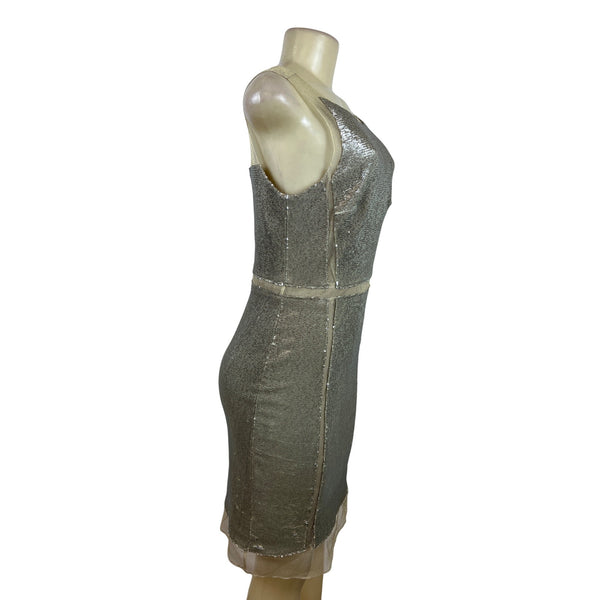 Julia Jordan Sequin Silver Dress Sleeveless Women Gold Tone Bodycon Stretch Sz 8