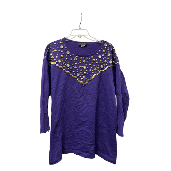 Clodia Dee Womens Purple Embellished Cotton Tunic Top With Rhinestones & Gold Accents OS