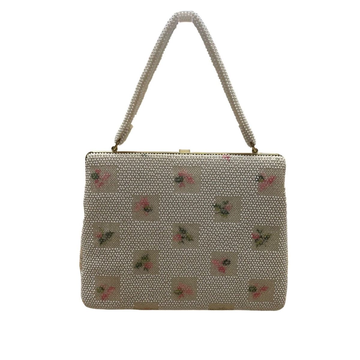 Vintage Lumured Women’s White Beaded Floral Pattern Clasp Closure Handbag