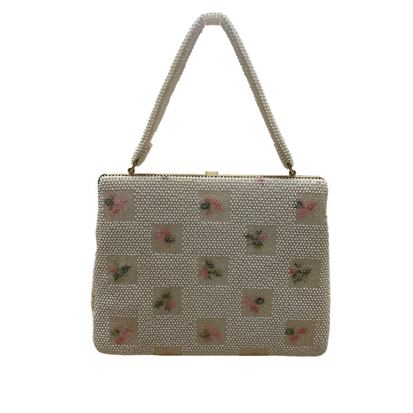 Vintage Lumured Women’s White Beaded Floral Pattern Clasp Closure Handbag