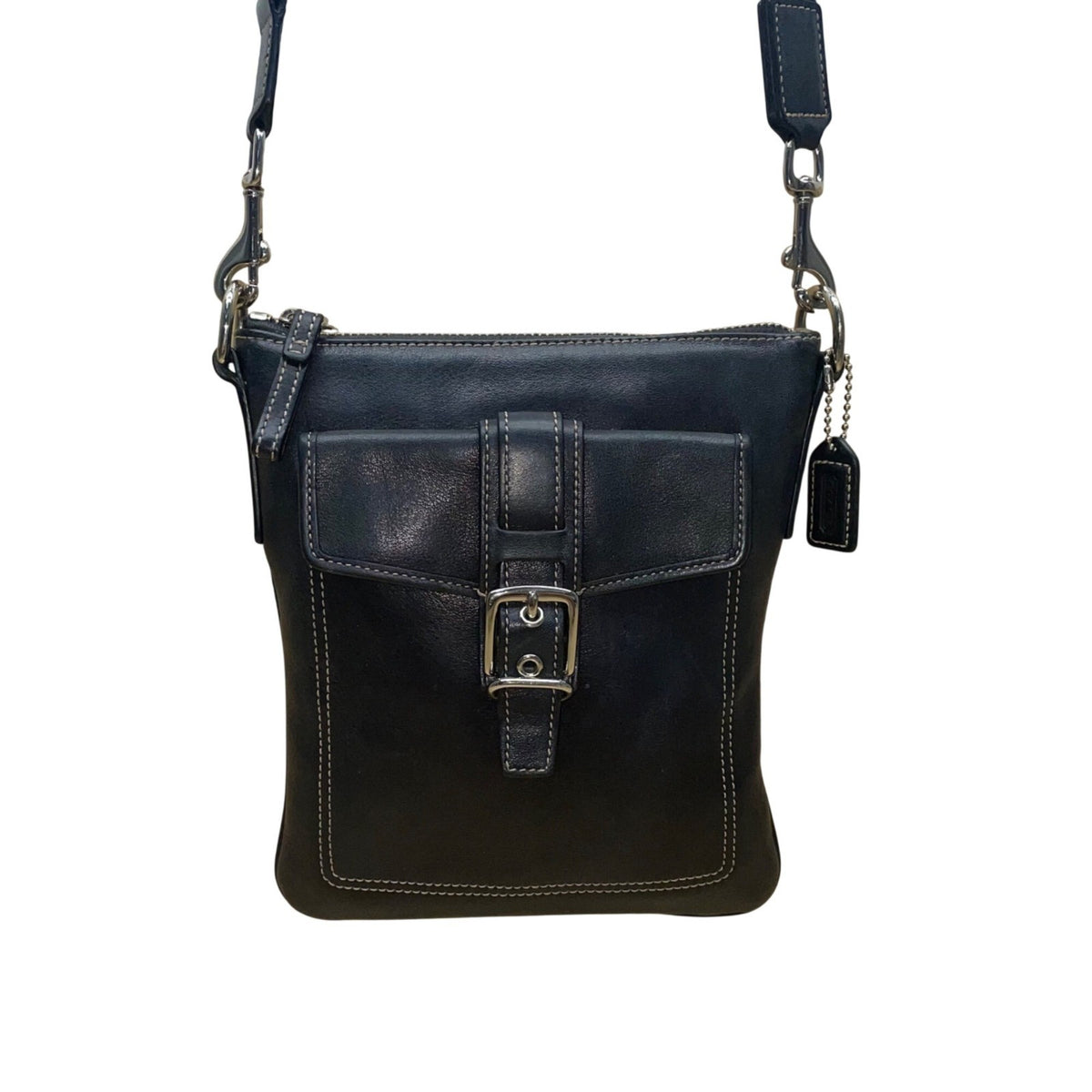 Coach Women’s Black Leather Front Buckle Detail Adjustable Strap Crossbody Bag