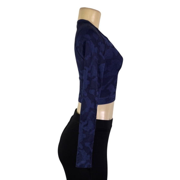 Gymshark Womens Blue Nylon Blend Cropped Camo Long Sleeve Top XS