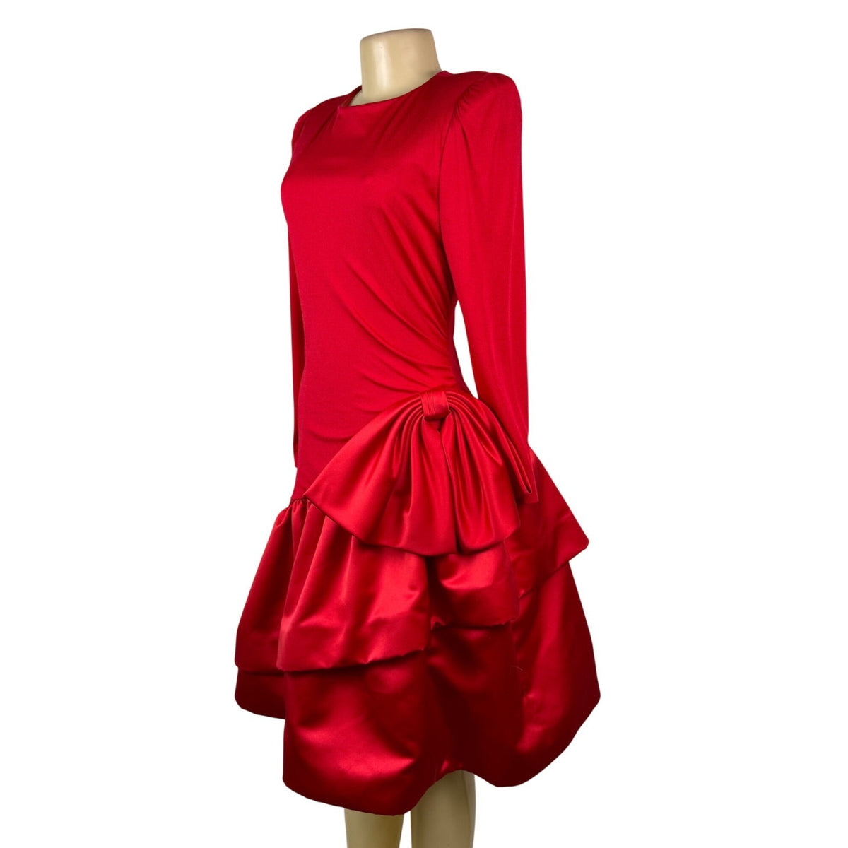 Morton Myles Womens Red Satin Tiered Bow Detail Long Sleeve Elegant Dress Sz 10