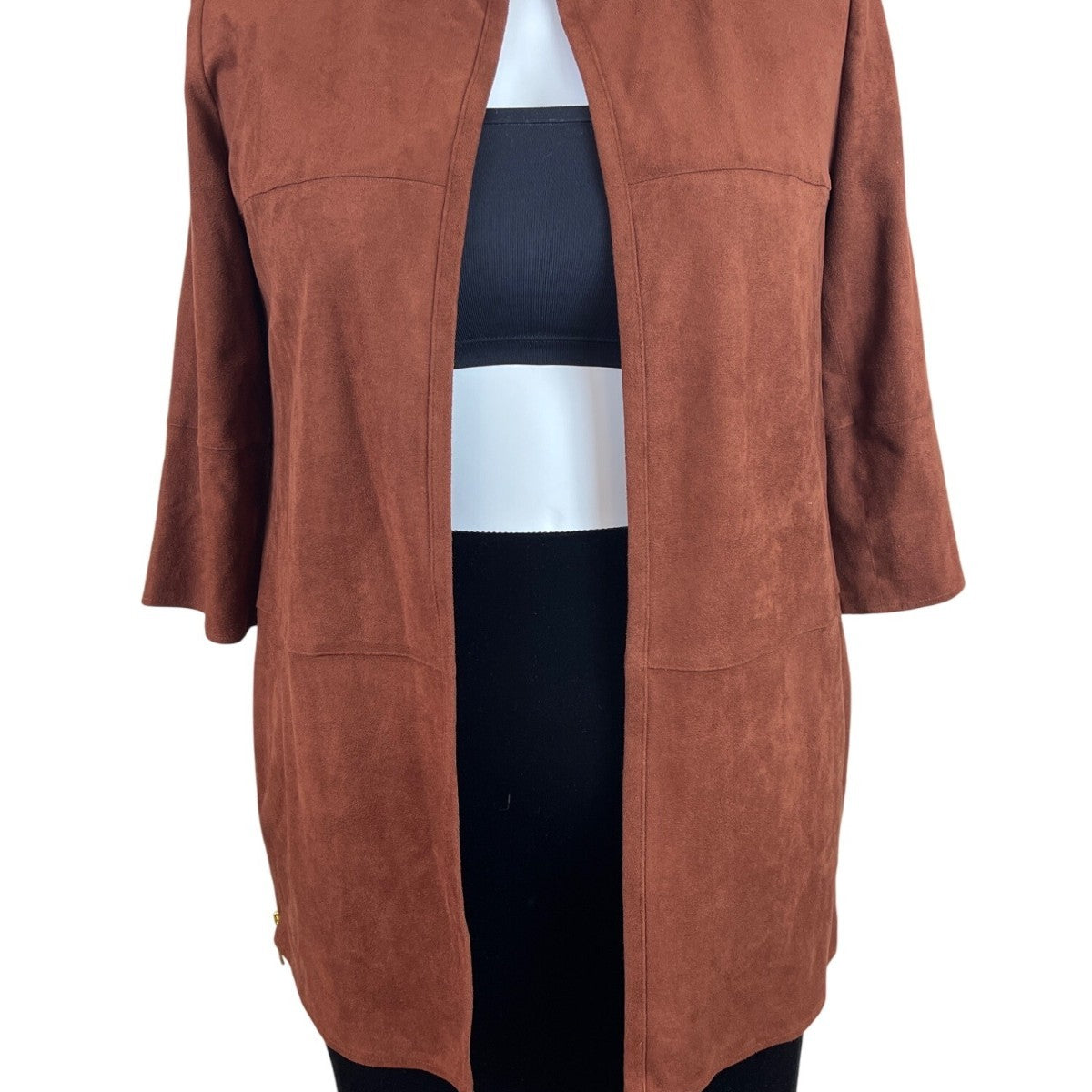 Chico’s Womens Brown Open Front Jacket 3/4 Sleeve Lightweight Elegant Size 2