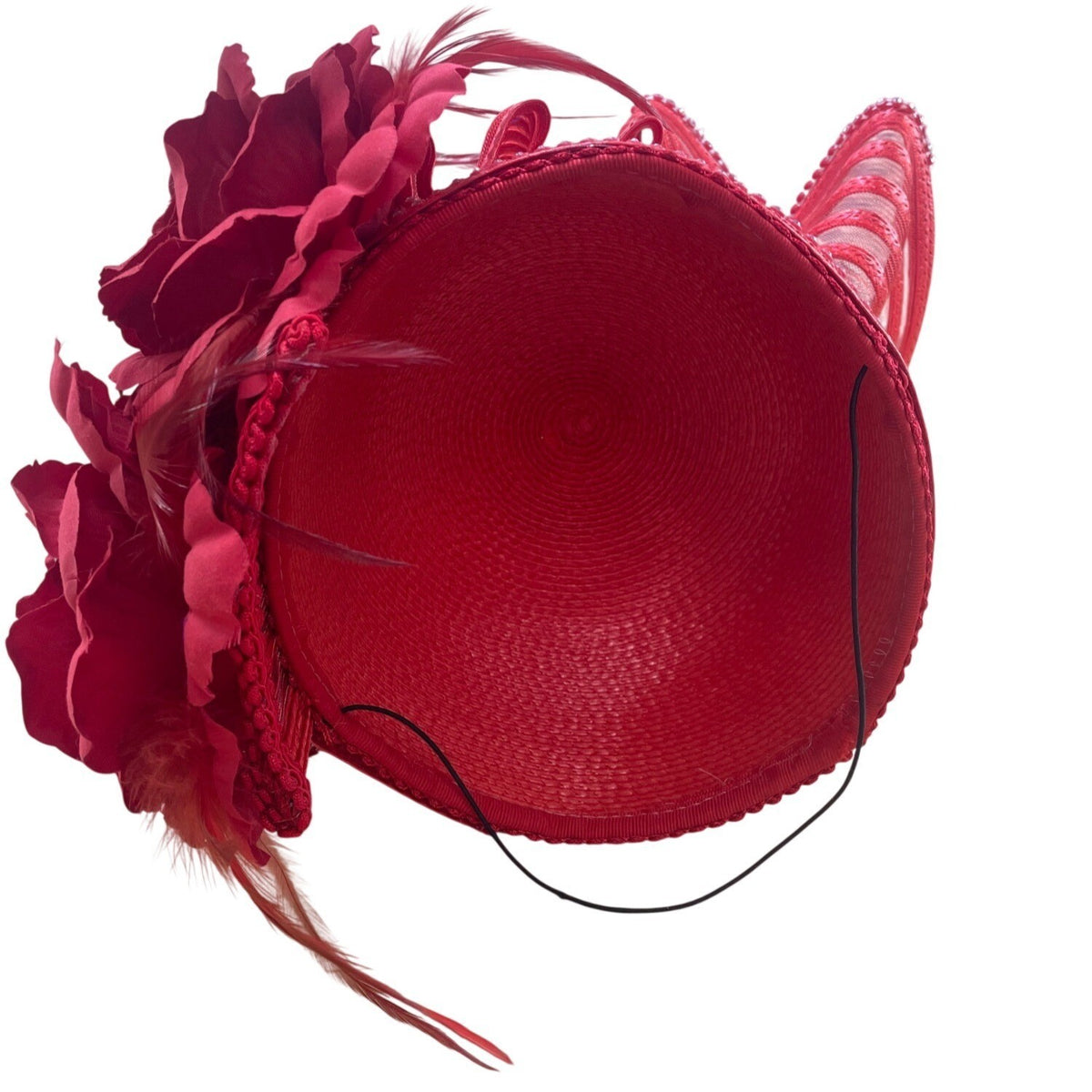 Elegant Red Sinamay Womens Hat With Floral Accents & Decorative Mesh Detailing