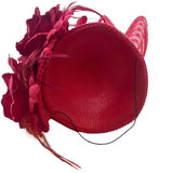 Elegant Red Sinamay Womens Hat With Floral Accents & Decorative Mesh Detailing