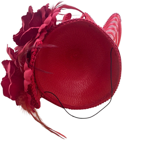 Elegant Red Sinamay Womens Hat With Floral Accents & Decorative Mesh Detailing