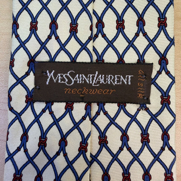 Saint Laurent Mens Ivory & Blue 100% Silk Neck Tie Rope Grid Pattern