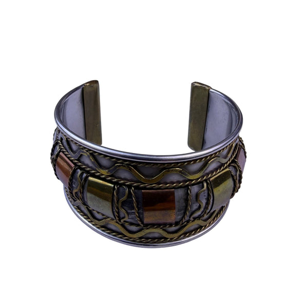 Vintage MCM Women Multi-Tone Metal Statement Cuff Bracelet Bold Mid-Century