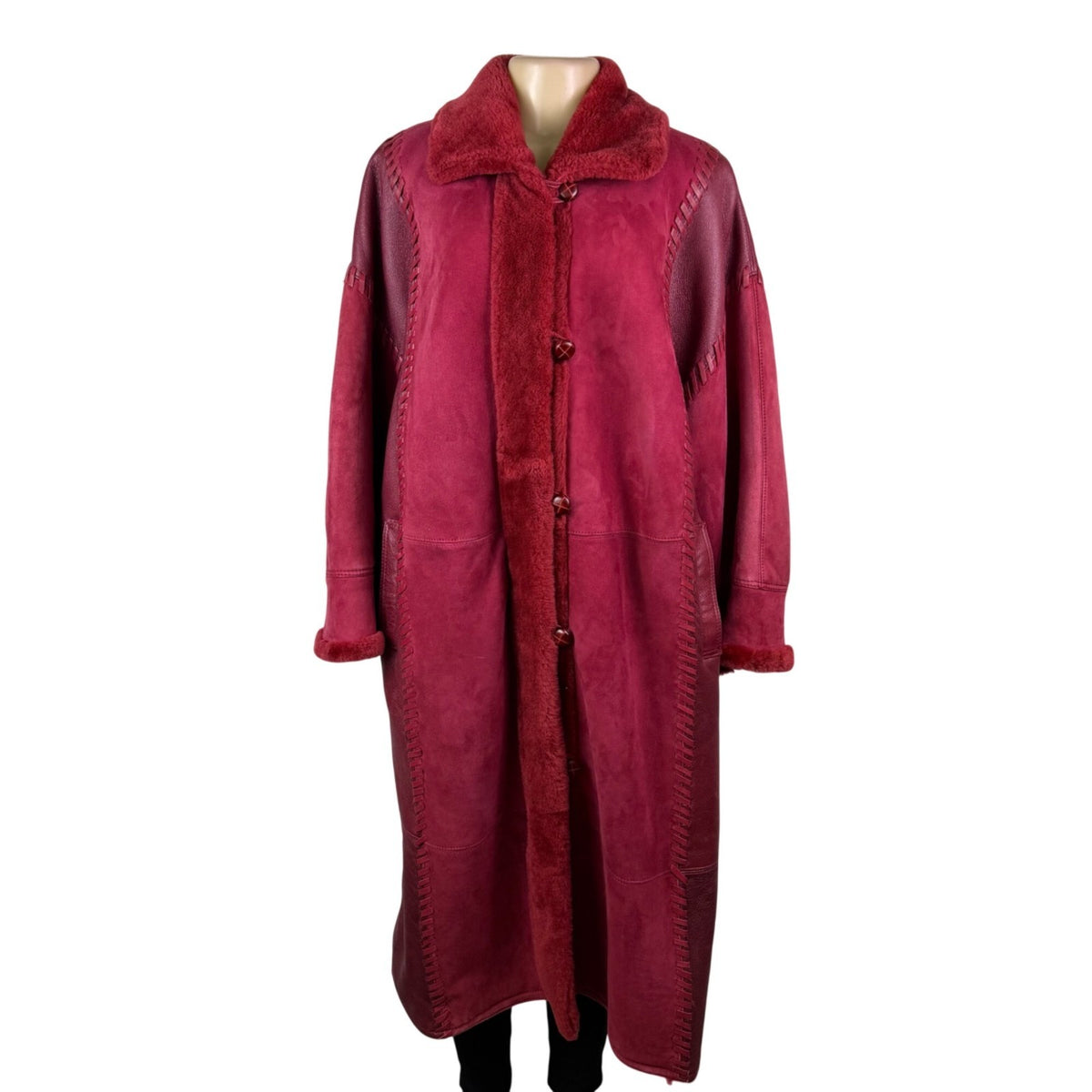 Oscar De La Renta Womens Red Shearling & Leather Long Coat Button Detail Size 8