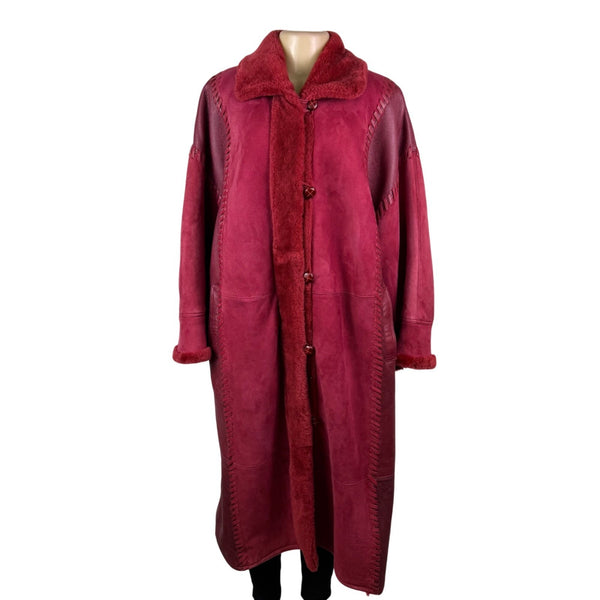 Oscar De La Renta Womens Red Shearling & Leather Long Coat Button Detail Size 8