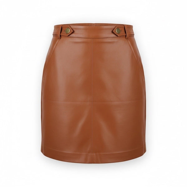 Loft Womens Brown Faux Leather Petite Mini Skirt Gold Button Size 2P
