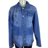 Omoone Women’s Blue Denim Jacket Distressed Pockets Button Closure Sz L