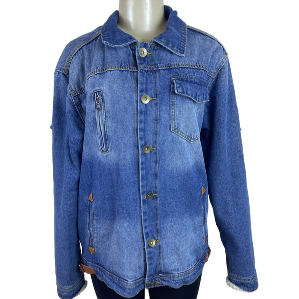 Omoone Women’s Blue Denim Jacket Distressed Pockets Button Closure Sz L