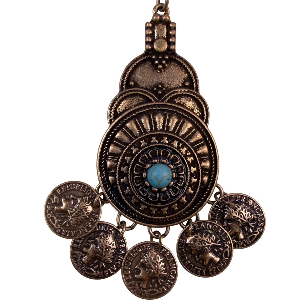 Boho Womens Gold Tone Alloy Coin Pendant Necklace With Turquoise Accent