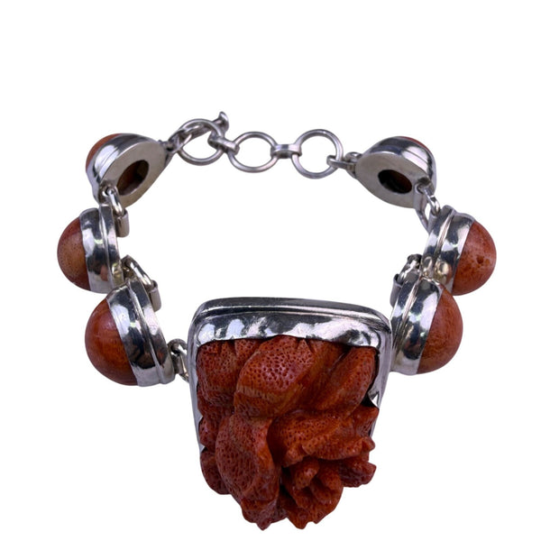 Vintage Sterling Silver Womens Red Sponge Coral Bracelet Carved Rose Design