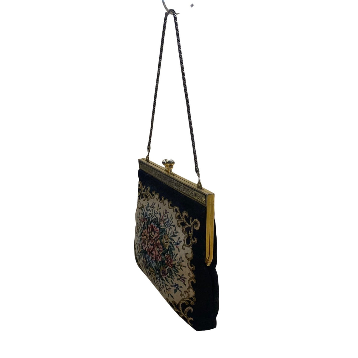 Vintage Women’s Black Floral Embroidered Gold Frame & Chain Strap Purse Handbag