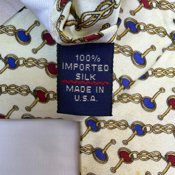Tom James Mens Ivory Silk Tie Chain Link Red & Blue Pattern Elegant Made In USA