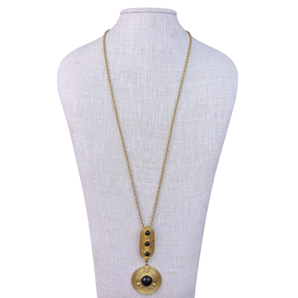 Vintage Womens Gold Tone Metal Necklace With Black Cabochons