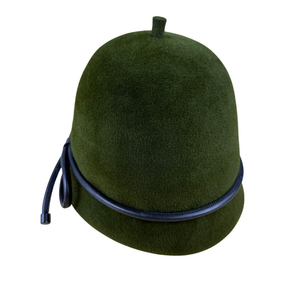 Womens Green Wool Cloche Hat With Black Leather Bow Accent