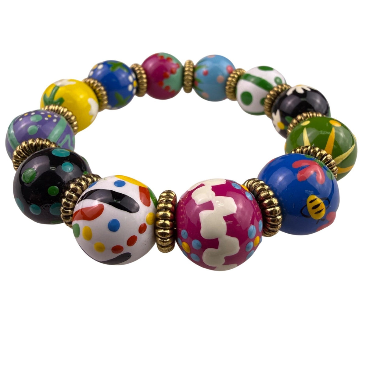 Colorful Hand-Painted Bead Stretch Bracelet With Gold-Tone Accents Unique Design
