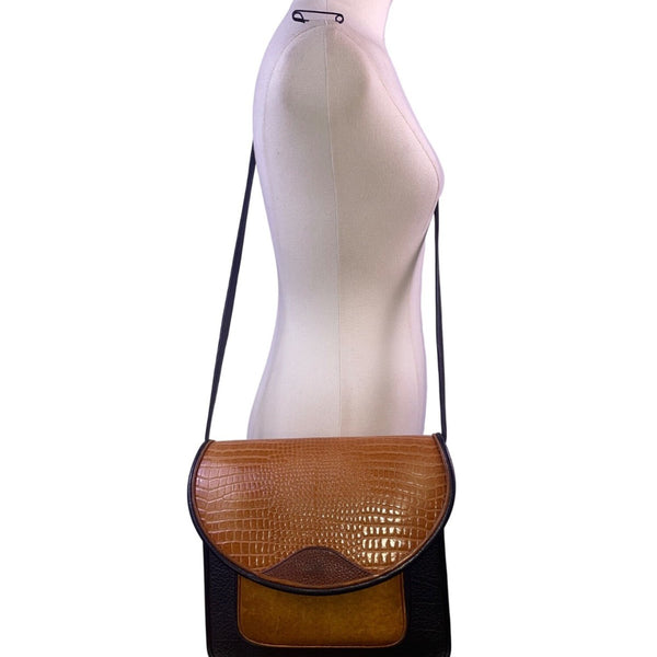 Black & Brown Faux Croc Embossed Leather Flap Magnetic Closure Crossbody Bag