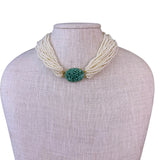 Multi-Strand Seed Pearl Necklace Green Carved Stone Centerpiece Gold Tone