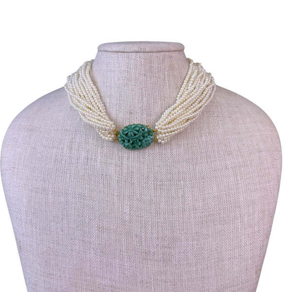 Multi-Strand Seed Pearl Necklace Green Carved Stone Centerpiece Gold Tone