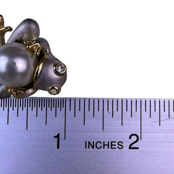 Vintage Womens Gold Tone & Silver Tone Frog Pearl Rhinestone Brooch