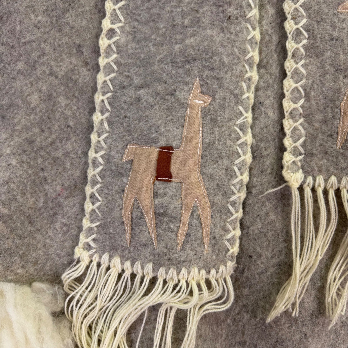 Womens Beige Alpaca-Inspired Embroidered Wool Poncho W/ Fringe & Fur Trim