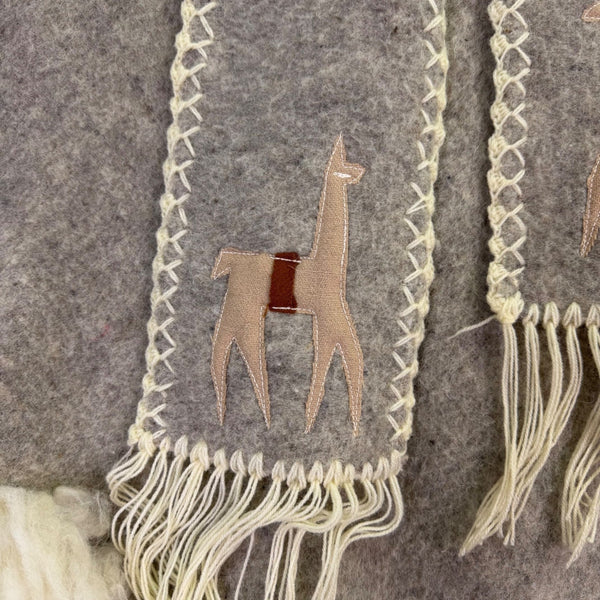 Womens Beige Alpaca-Inspired Embroidered Wool Poncho W/ Fringe & Fur Trim