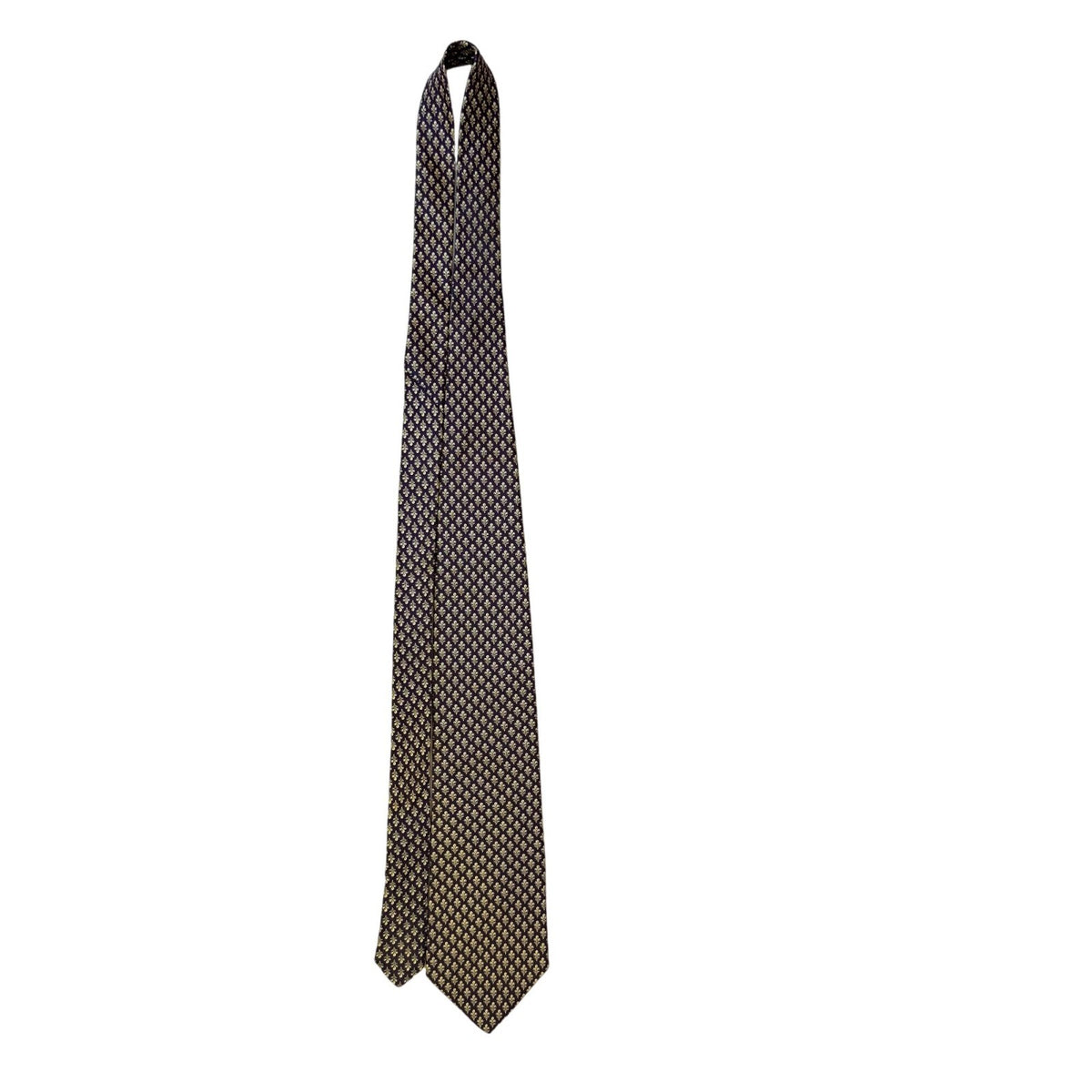 Les Montreux Mens Purple & Gold Silk Tie Fleur-De-Lis Print 58" Long Vintage Nec