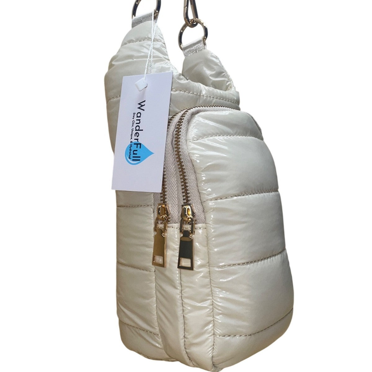 WanderFull Women’s Ivory Glossy Quilted Crossbody Hydrobag With Adjustable Strap
