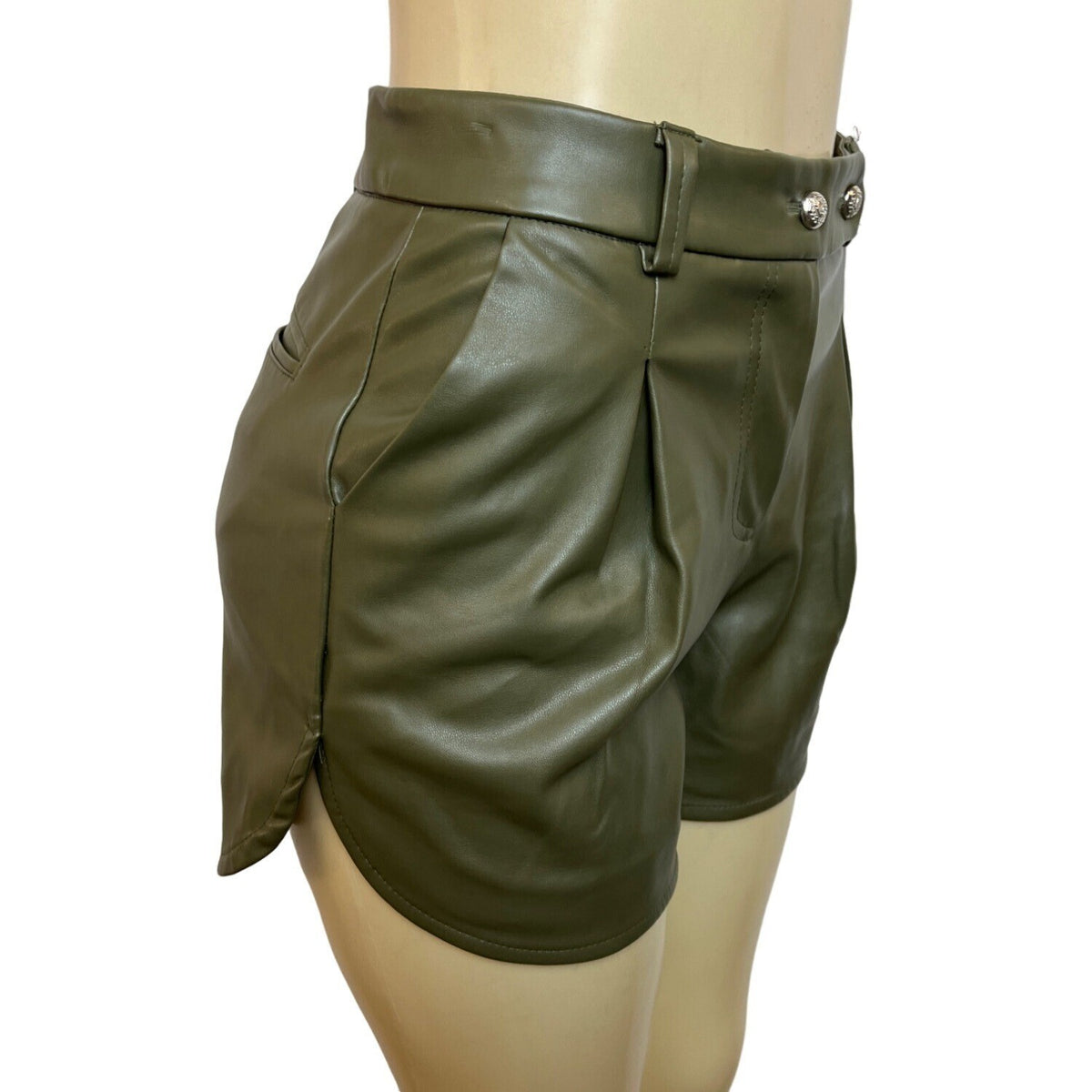Atelier Linah Women's Green High Waisted Synthetic Leather Tulip Hem Shorts Sz 3