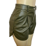 Atelier Linah Women's Green High Waisted Synthetic Leather Tulip Hem Shorts Sz 3
