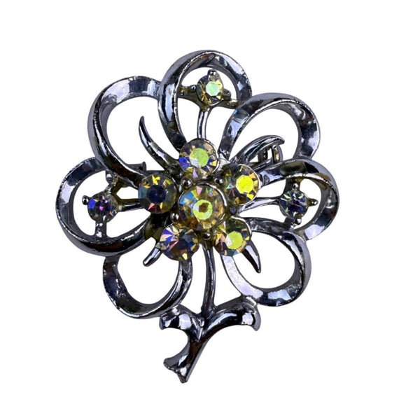 Vintage Womens Silver Tone Rhinestone Floral Brooch & Clip-On Earrings Set
