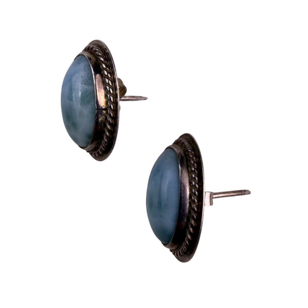 Sterling Silver Womens Oval Turquoise Earrings 925 Marked Artisan Blue Stone