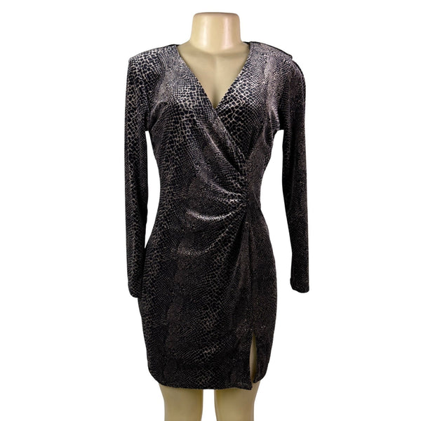 Robbie Bee Womens Black Animal Print Long Sleeve Wrap Dress Size S