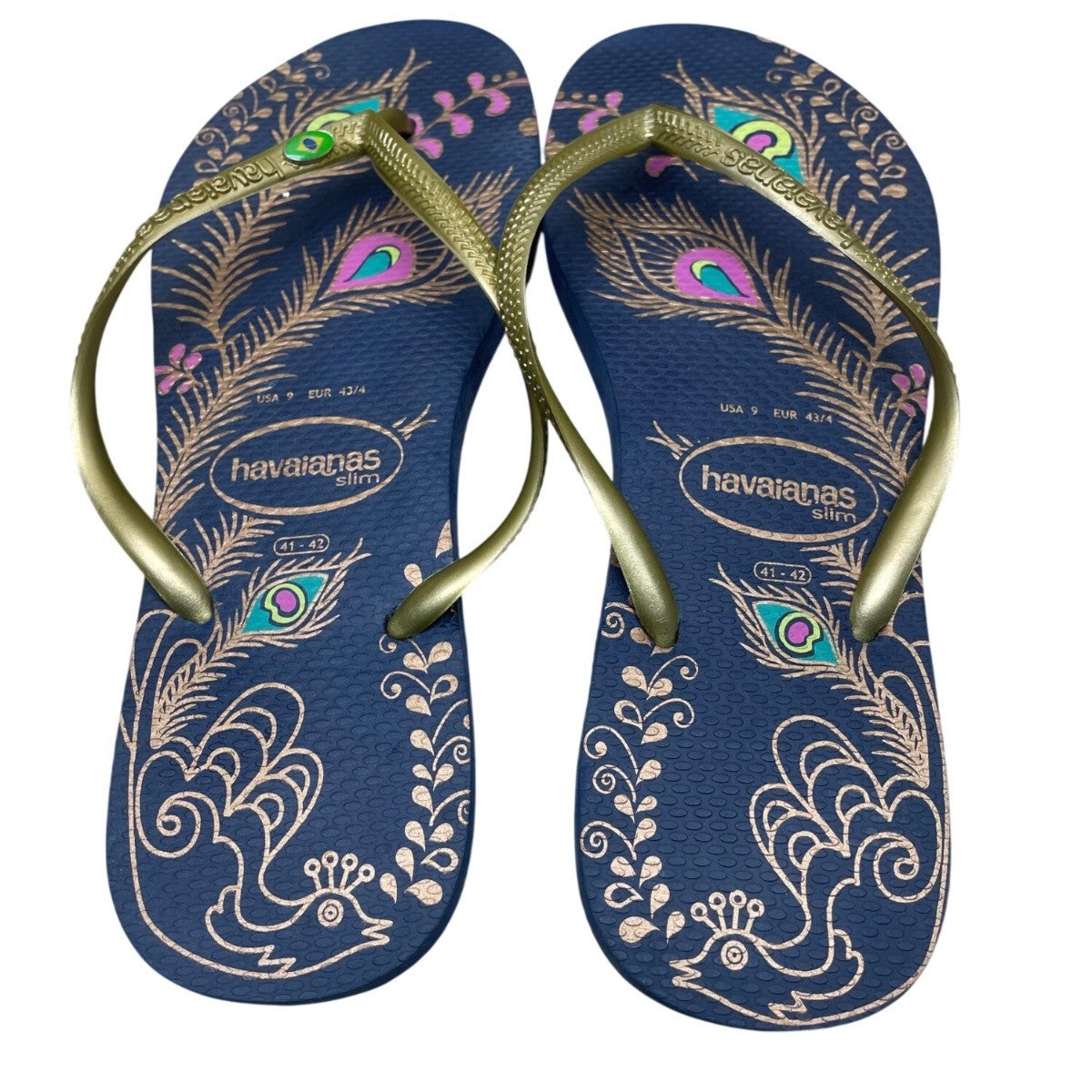Havaianas Women’s Navy & Gold Peafowl Feather Print Slim Flip Flops Size 9US