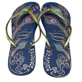 Havaianas Women’s Navy & Gold Peafowl Feather Print Slim Flip Flops Size 9US