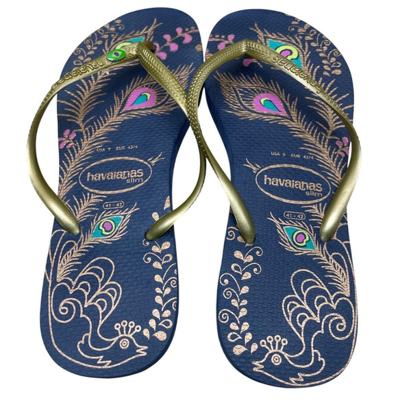 Havaianas Women’s Navy & Gold Peafowl Feather Print Slim Flip Flops Size 9US
