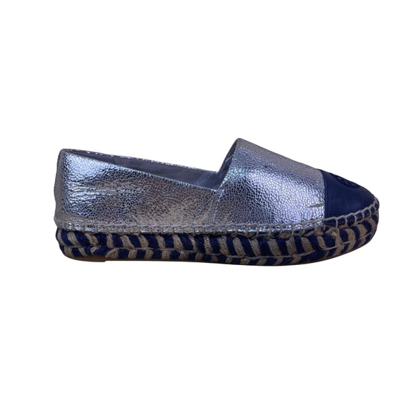 Tory Burch Women’s Silver & Blue Leather Metallic Slip-On Espadrille Shoes Sz 7M