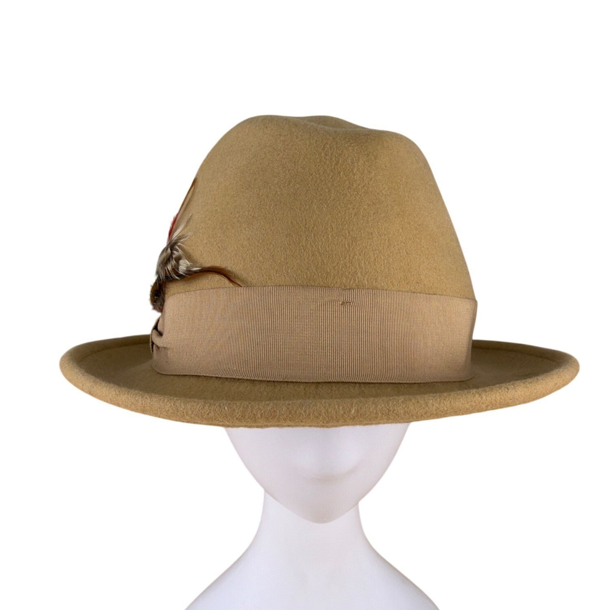 Tan Wool Mens Fedora Hat With Ribbon & Feather Accent Stylish & Classic Design