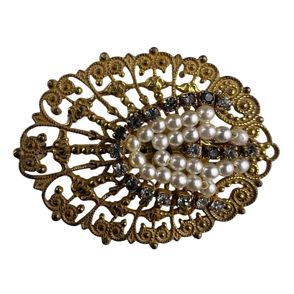 Miriam Haskell Brooch Women Gold Tone Filigree Faux Pearl Rhinestones Oval Desig
