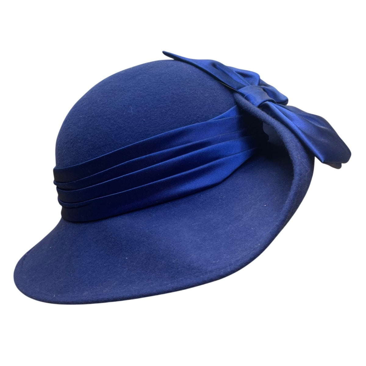 Vintage Gwenn Pennington Womens Blue Wool Wide Brim Hat Ribbon Bow Accent