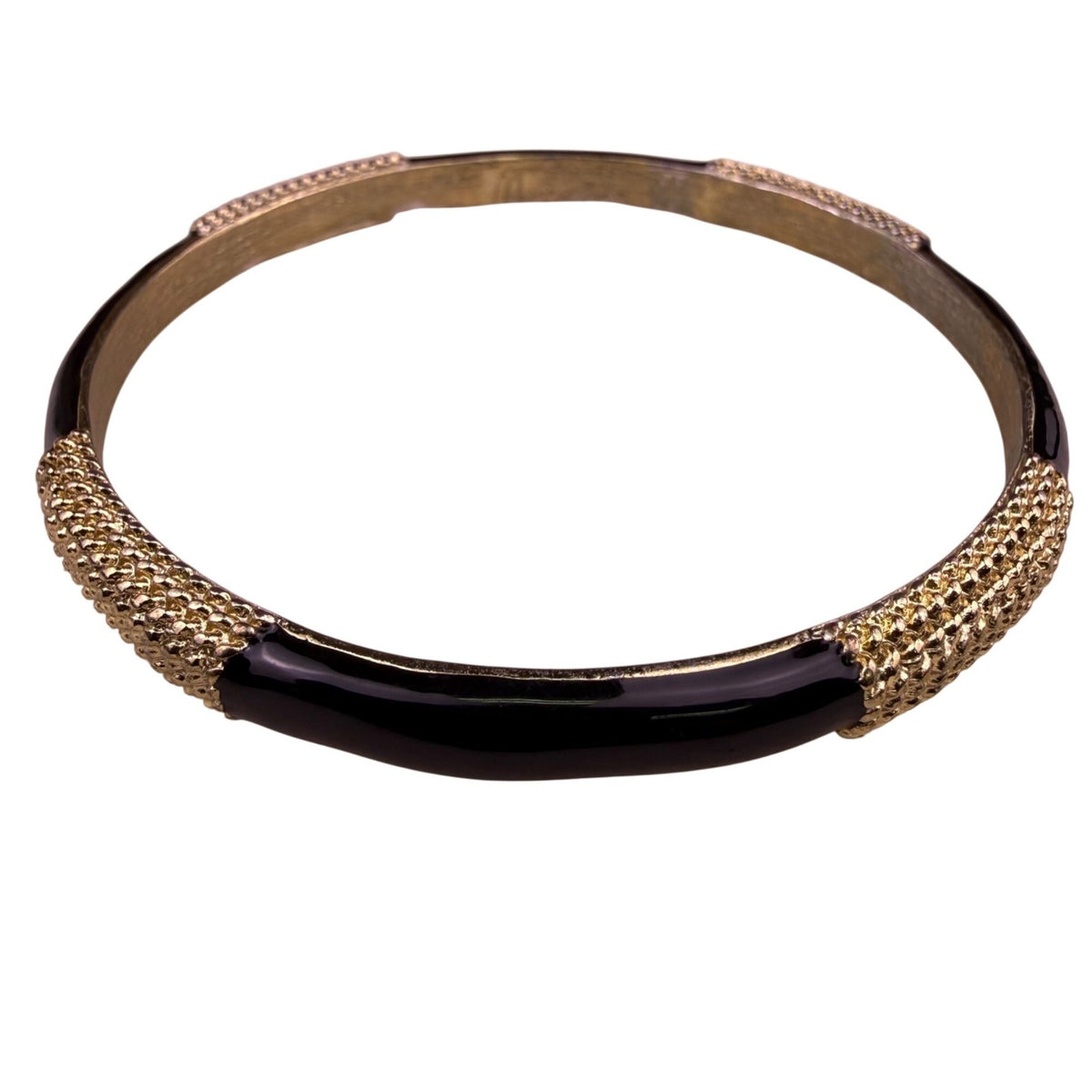 Gold Tone Black Enamel Womens Vintage Bracelet Textured Detail Bangle