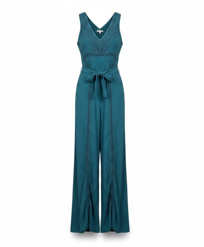 Elevenses Womens Teal Jumpsuit With Lace Accents Belted Wide-Leg Sleeveless Sz 6