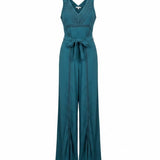 Elevenses Womens Teal Jumpsuit With Lace Accents Belted Wide-Leg Sleeveless Sz 6